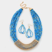 Gold and Blues Beaded Multi-Strand Statement Necklace